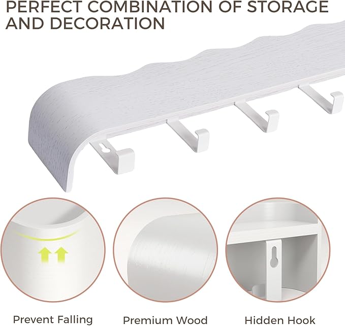 Wall Coat Rack Floating Shelves Modern Coat Rack Wall Mount with Storage Entryway Shelf Wooden Hanger 20 Inch 4 Hidden Metal Hooks for Living Room Bedroom (Wavy White, 4 Hooks)