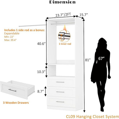 Closet System with Drawers, 2FT Wood Closet Organizer System 23.7" Walk-in Closet Corner Freestanding Small Closets Storage System with Hanging Rods, White (2FT)