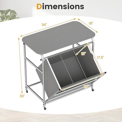 Giantex Laundry Sorter with Foldable Ironing Board, 3 Section Tilt Out Laundry Hamper with Removable Bags, Heavy-Duty Rolling Laundry Cart with Lockable Wheels for Bathroom Bedroom, Grey