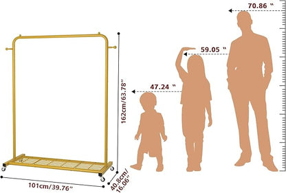 Sywhitta Clothes Rack on wheels, Clothing Rack with Bottom Mesh Storage Shelf,Sturdy Metal Frame,Rolling Garment Rack for Hanging Clothes,Coats,Skirts,39.76" L x 16" W x 64.56" H,Golden