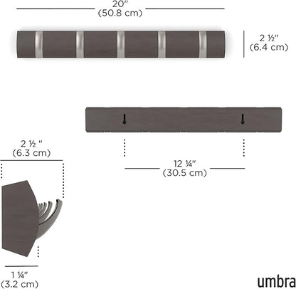 Umbra Flip Wall-Mounted Coat Rack with 5 Hooks – Modern, Space-Saving Storage for Hats, Jackets, Bags, Entryway, Mudroom, Closet, Bathroom, Bedroom – Driftwood/Nickel