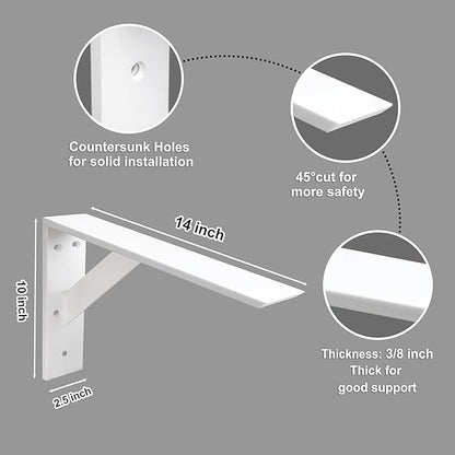 Countertop Support Bracket 14 Inch Heavy Duty Shelf Bracket 2 Pack 3/8" Thick White 14"x10"x2.5" for Granite Quartz Wood Laminate Countertops