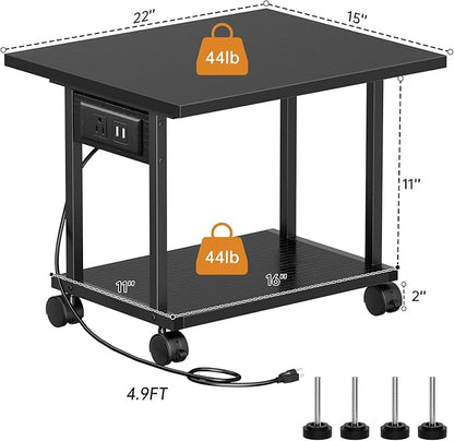 Printer Table, 2-Tier Under Desk Printer Stand with Charging Station, Printer Stand with Wheels, PrinterShelf for Small Spaces, Printer Cart for Home Office Black