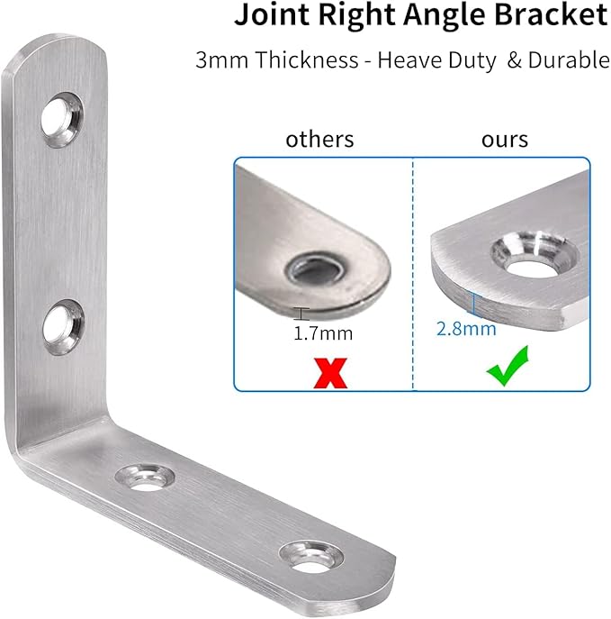 YUMORE L Bracket Corner Brace, 6Pcs 65x65mm Joint Right Angle Brackets Heavy Duty Stainless Steel 90 Degree Bracket Fastener for Wood Shelves Chair Tables Dressers Furniture with Screws
