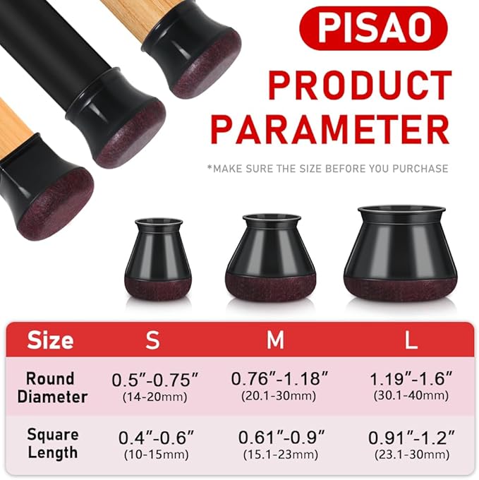 24 Pcs Chair Leg Floor Protectors, Black Silicone Chair Leg Protectors Caps Covers for Hardwood Floors, Furniture Pads Sliders with Wrapped Felt Bottom Medium (Fit:0.76"-1.18")