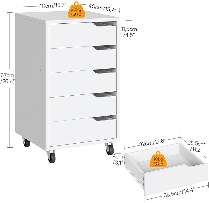 HOOBRO 5-Drawer File Cabinet, Under Desk Mobile Filing Cabinet with Wheels, Rolling Office Storage Cabinet, Wooden Printer Stand, for Home Office, Living Room, White WT15WJ01