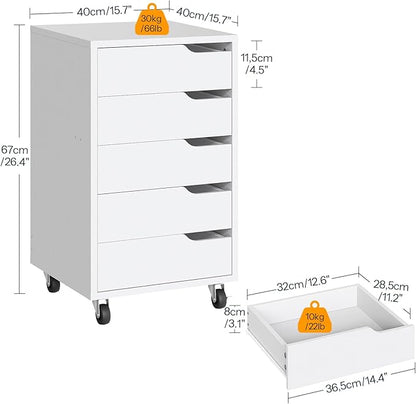 HOOBRO 5-Drawer File Cabinet, Under Desk Mobile Filing Cabinet with Wheels, Rolling Office Storage Cabinet, Wooden Printer Stand, for Home Office, Living Room, White WT15WJ01