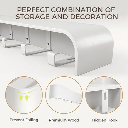 Wall Coat Rack Floating Shelves Modern Coat Rack Wall Mount with Storage Entryway Shelf Wooden Hanger 20 Inch 4 Hidden Metal Hooks for Living Room Bedroom (White, 5 Hooks)