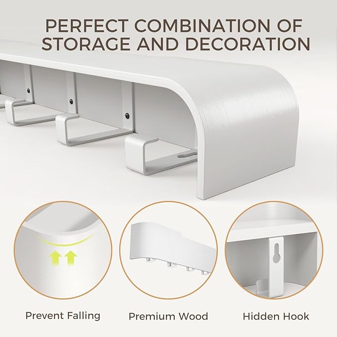 Wall Coat Rack Floating Shelves Modern Coat Rack Wall Mount with Storage Entryway Shelf Wooden Hanger 20 Inch 4 Hidden Metal Hooks for Living Room Bedroom (White, 4 Hooks)