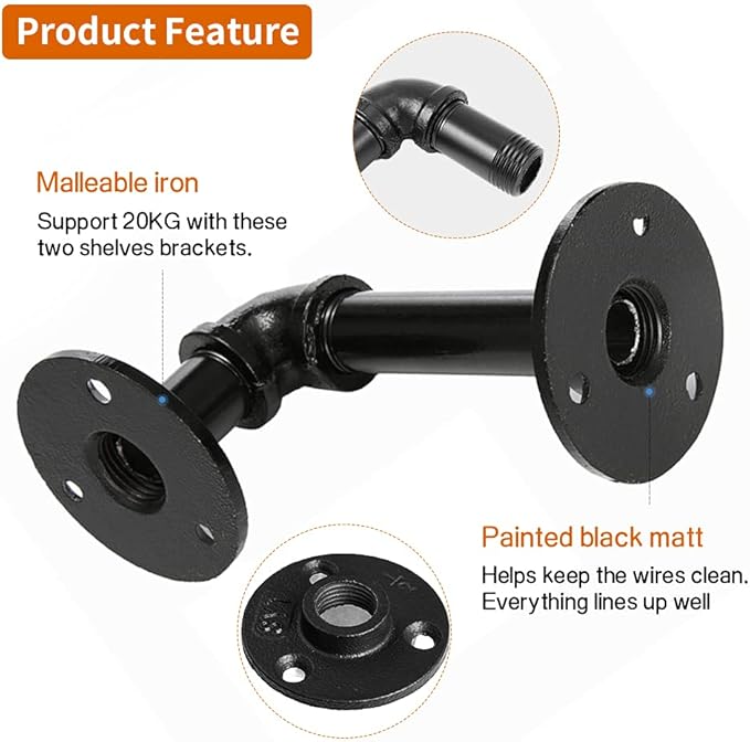 Janyang Industrial Pipe Shelf Brackets for 8 10 12 14 inches Board, Iron L Pipe Floating Shelves, Heavy Duty Metal Shelving Brackets - 6 Pack Black