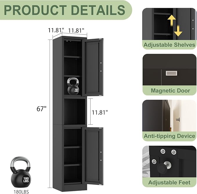 67" Tall Narrow Storage Cabinet Metal Bathroom Cabinet with 2 Doors & 4 Adjustable Shelves, Standing Pantry Cabinets Cupboard for Kitchen, Dining Room, Living Room and Bathroom (Black)