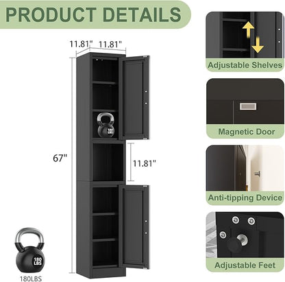 67" Tall Narrow Storage Cabinet Metal Bathroom Cabinet with 2 Doors & 4 Adjustable Shelves, Standing Pantry Cabinets Cupboard for Kitchen, Dining Room, Living Room and Bathroom (Black)