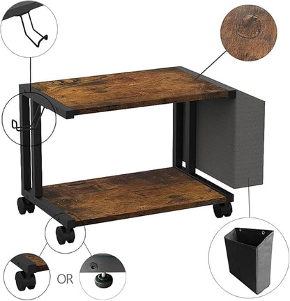 VEDECASA 2 Tier Rustic Brown Wooden Under Desk Printer Stand with Storage Bag for Home Office Desktop Printer Table Organizer Mobile Printer Shelf Cart with Caster Wheel