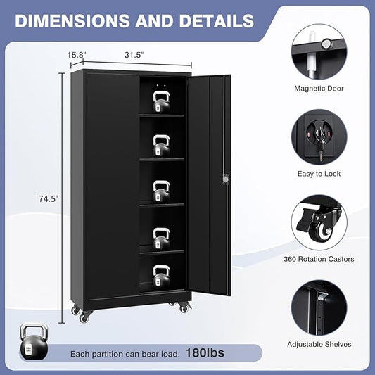 Metal Storage Cabinet with Wheels, Tall Garage Storage Cabinet with 4 Adjustable Shelves and 2 Doors, Lockable Tool Cabinet for Garage Home Office,Gym,School(Black)