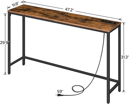 HOOBRO 47.2" Console Table with Power Outlets and USB Ports, Sofa Narrow Entryway Table with Charging Station, Behind Couch Table, Hallway, Foyer, Living Room, Bedroom, Rustic Brown BF301XG01G1