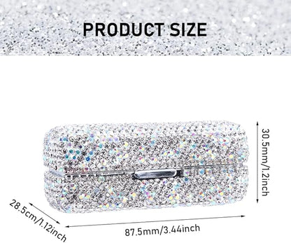 Rhinestone Lipstick Case with Mirror, Bling Crystal Lipstick Case Diamonds Makeup Cosmetic Storage Box Holder for Purse Ladies Fashion (Silver Color)