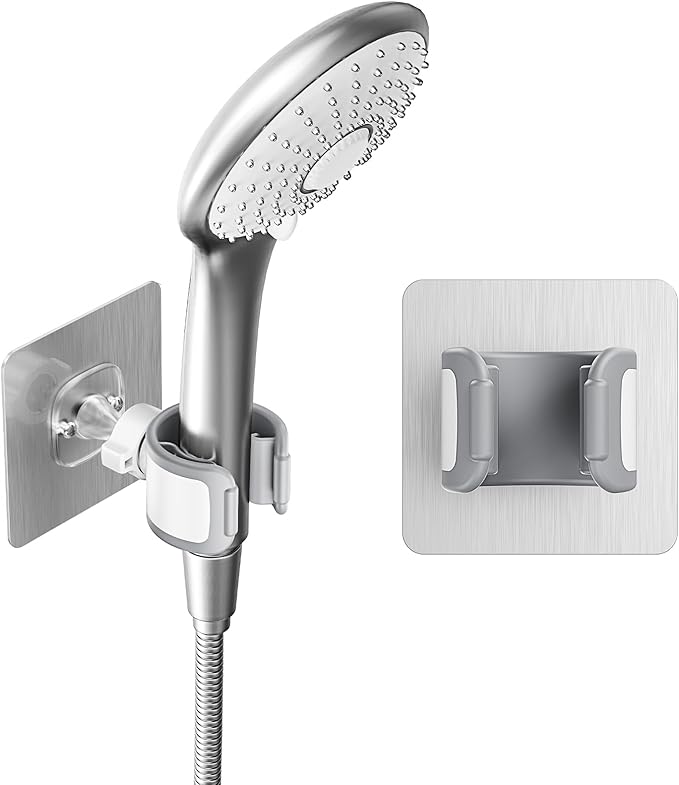 Adjustable Wall Mounted Shower Head Holder, Strong Adhesive & Drilling 2 Installation Methods, 360° Swivel Handheld Shower Wand Holder for RV Kids’ Bathroom Shower Accessories （White）