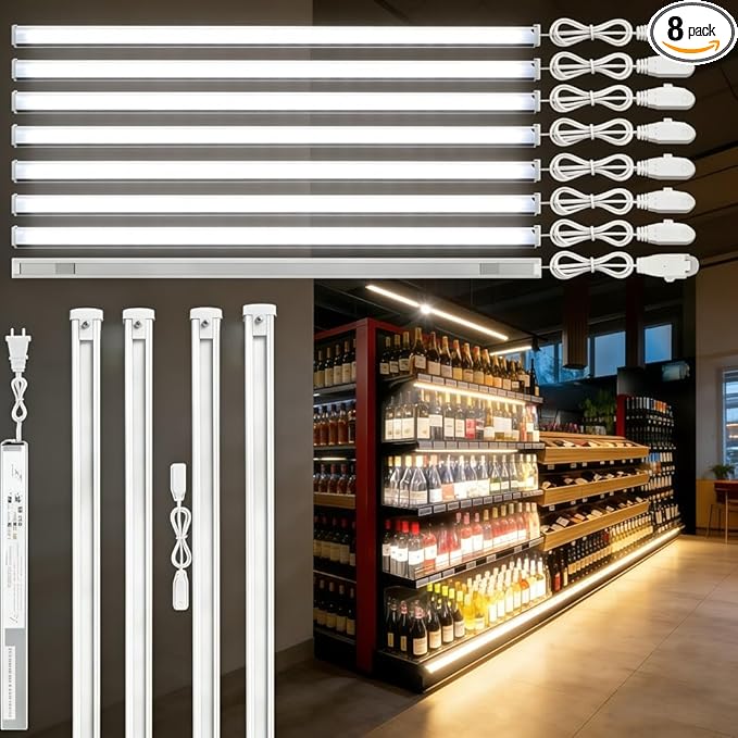 Gondola Shelving Lights 48" kit with 8 pcs 6000K Pure White LED Light Bars, Power Supply and Accessories for Super Market, Retail Display, Business Shelves via Magnets to fit (48" 8PCS)