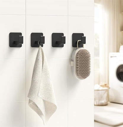 Square Self Adhesive Towel Hooks - 2 Pack Matte Black Metal Hooks, Right-Angle Design for Towels, Robes & Hats, Organize Bathroom, Kitchen, Entryway, Doors, Cabinets on Smooth Surfaces