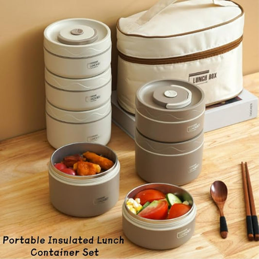 Portable Insulated Lunch Container Set, 4 Tier Separate Stackable Stainless Steel Lunch Container with Insulated Lunchs Bag, Bento Box Hot Food Lunch Containers to Microwave (Brown, 4-Tier)