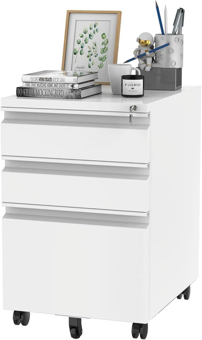 FLEXISPOT 3 Drawer Mobile File Cabinet for Home Office Under Desk Storage, Filing Cabinet with Lock Keys, File Organizer Cabinet for Legal/Letter/A4 File, White