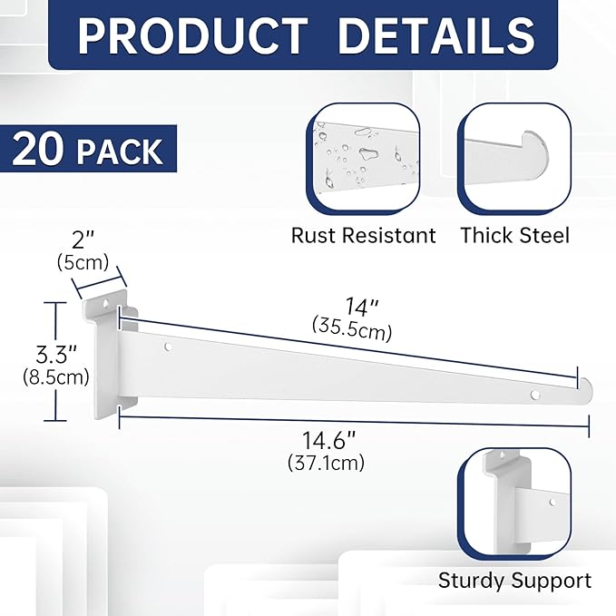 20 Pack Metal Slatwall Shelf Brackets with Lip Heavy Duty, Slatwall Accessory for Panels Shelving, Garage, Retail Display (White, 14 Inch)