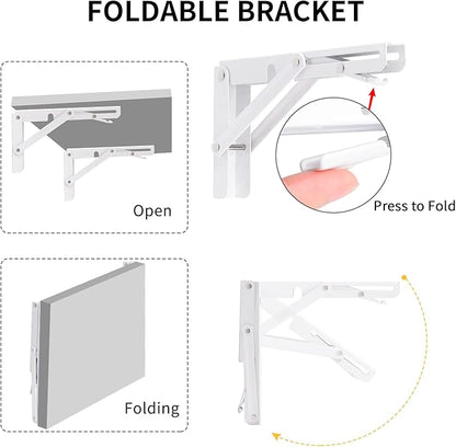 YUMORE Folding Shelf Brackets, 8 Inch Heavy Duty Collapsible Shelf Bracket, DIY L Bracket for Workbench Folding Table Hinge, Max Load: 300lb, White, 2 Pack