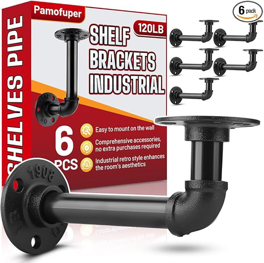 6 Pack Shelf Brackets for 7-14 in Floating Wooden Board Pipe Shelf Brackets, Heavy Duty Pipe Shelving Bracket, L Industrial Shelving Brackets, Shelves Bracket, Black