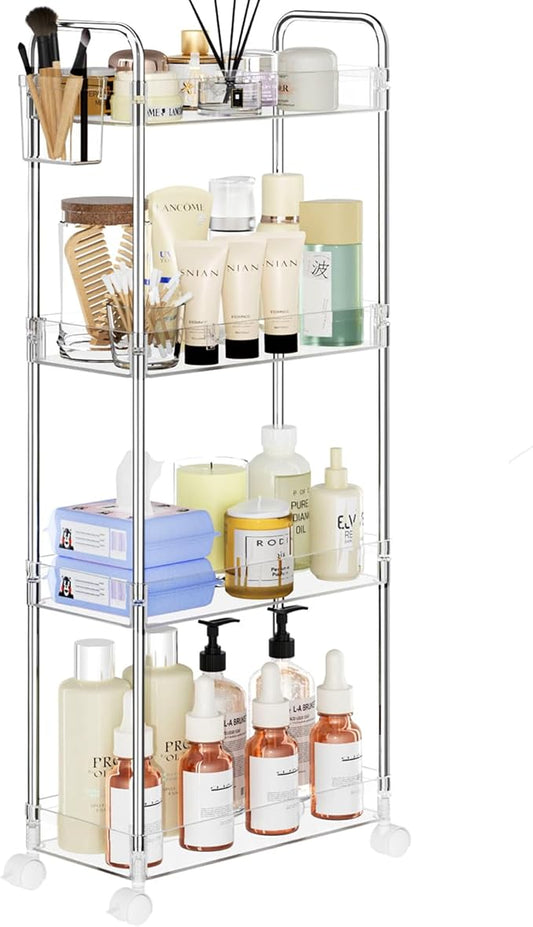 SPACEKEEPER Acrylic Rolling Storage Cart 4 Tier Clear Bathroom Cart Organizer, Transparency Rolling Utility Cart Laundry Room Organization Multifunction Mobile Shelving Unit for Office, Living Room