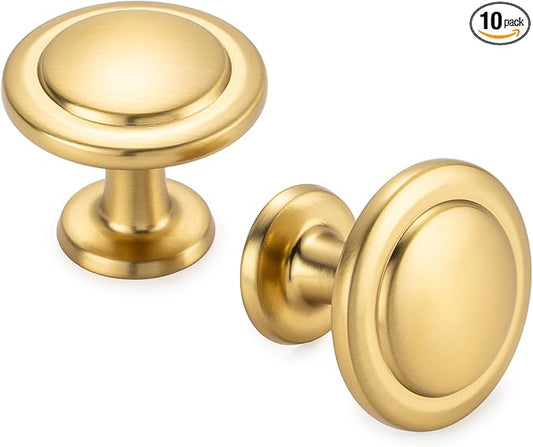 KOOFIZO Round Cabinet Knobs Brushed Gold Cabinet Pulls, Dia. 1-1/4 Inch, 10 Pack Gold Drawer Knobs for Kitchen Cabinets 1960 Drawers Dresser Cupboard Bedroom Bathroom