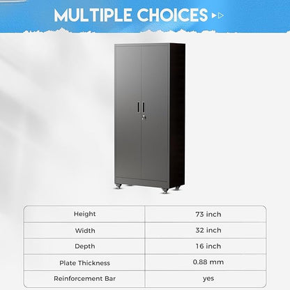 Greenvelly 73" Storage Cabinet with Wheels, Rolling Metal Cabinet with Locking Doors and Adjustable Shelves, Steel Tool Cabinet for Home Office, Garage, Warehouse, Black(32" W x 16" D)