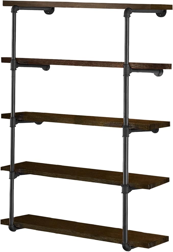 HITOMEN Industrial Iron Pipe Shelves, DIY Open Bookshelf Bookcase, Wall Mounted Vintage Retro Shelving, Rustic Farmhouse Pantry Kitchen Storage, Black Shelf Brackets, 2 Set 5-Tier, 55" Tall, 12" Depth