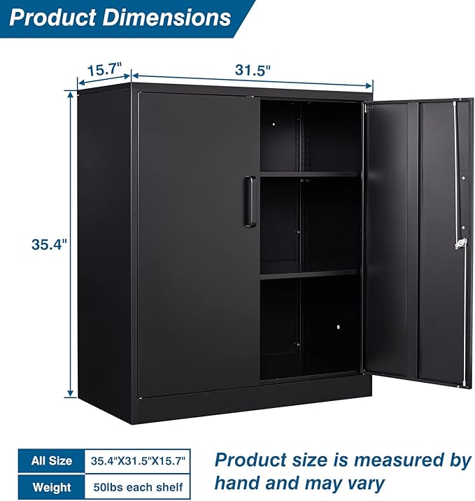 Metal Storage Cabinet with Lock, 36" Small Steel Locker Storage Cabinets, 2 Adjustable Shelves 2 Doors for Home, Office, Garage and Kitchen (Black)
