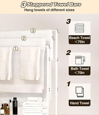 44” Tall Free Standing Towel Racks with 6 Hooks for Bathroom, 3 Tiers Oversized Pool Bath Towels Drying Stand, Metal Blanket Ladder Holder with Storage Shelf for Bedroom Living Room, White