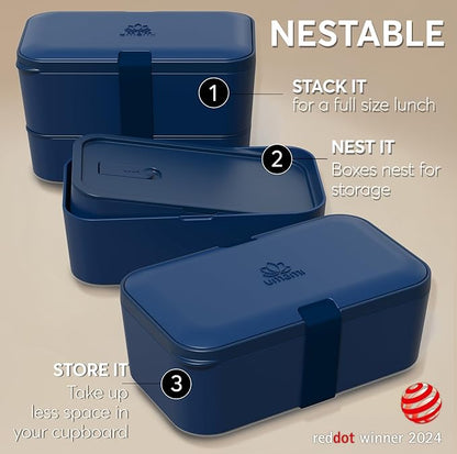 Umami Lunch Box Containers w/ 4 Utensils, 2 Sauce Jars, Nestable Space-Saving Bento Box Adult, 100% Leakproof, Microwavable Lunch Containers for Adults, Design Award Winner, Midnight Blue, 50 oz