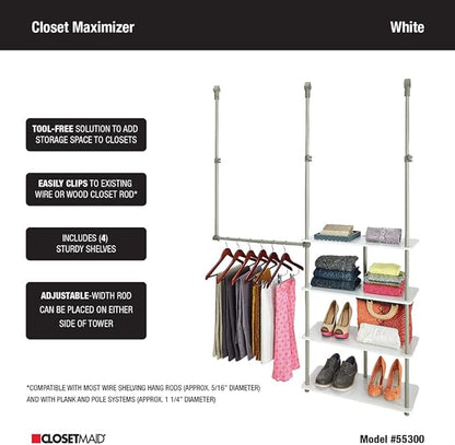ClosetMaid® Maximizer™ Closet Accessory, Add Adjustable Storage Space, 4 Shelves, Double Hang Rod, Tool Free, Add On Unit, White