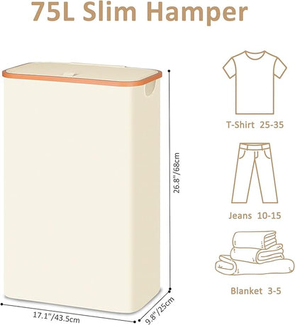 Slim Laundry Basket with Lid, Narrow Dirty Clothes Hampers for Laundry with Handle, Skinny Laundry Bin for Laundry Room, Dorm, Bedroom and Bathroom, 19.8 Gallon (75L) Beige