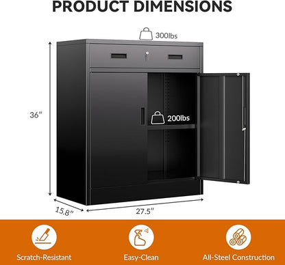 BESFUR Metal Storage Cabinet, Garage Storage Cabinet with One Drawer and Adjustable Shelf, Locking Short Storage Cabinet for Office Garage Home, Black Metal Cabinets(36" H x 27.5" W x 16" D)