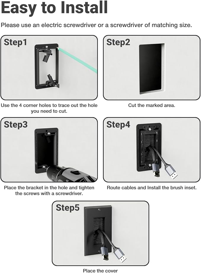 Brush Wall Plate with Mounting Bracket, 4 Pack Cable Pass Through Decorator Cover for Low Voltage Wires, Single Gang Cord Hider for TV Home Theater System, Black