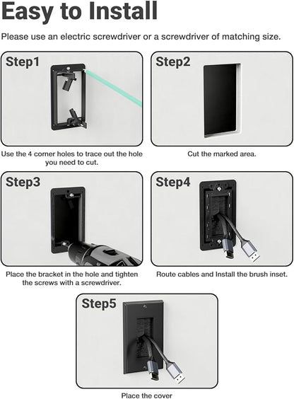 Brush Wall Plate with Mounting Bracket, 4 Pack Cable Pass Through Decorator Cover for Low Voltage Wires, Single Gang Cord Hider for TV Home Theater System, Black