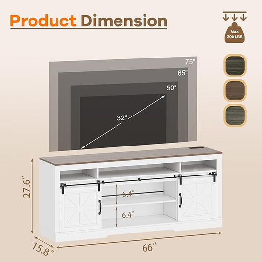 Garvee TV Stand Table for 75 in Television, Media Console Table with Open Storage, Power Outlets, Barn Doors, Entertainment Center with Adjustable Shelves for Home & Office, 66 in Width, White