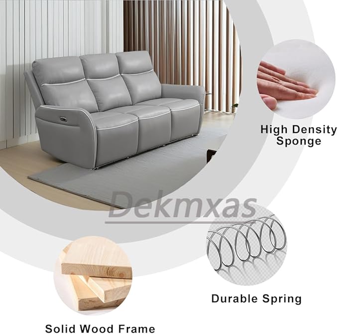 Grey Breathing Leather Power Reclining Sofa Set with USB Port, Living Room Furniture Sets, Recliner Power Sofa Couches with Cup Holders/Storage Console/Drop-Down Table for Apartment/Home/Office