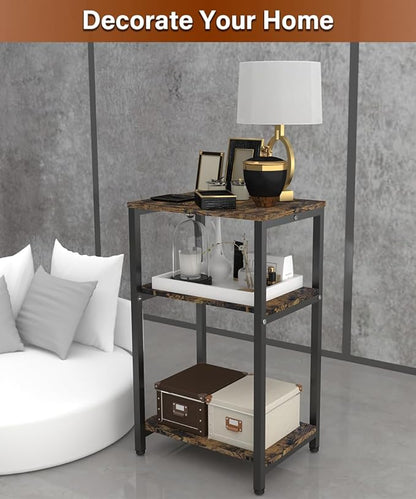 3 Tier Side Table, Heavy Duty End Table with Shelves, Narrow Nightstand for Small Spaces, Record Player Table for Bedroom, Living Room, Sofa Couch - Rustic Brown & Black