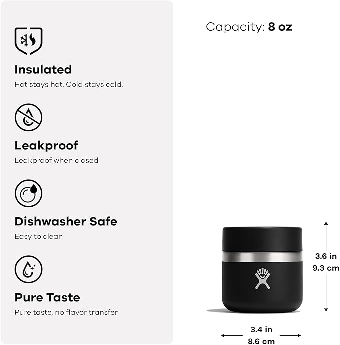 Hydro Flask Food Jar – Insulated Stainless Steel, Snack Travel Container for Hot Food, Lunch, & Soup 8 Oz Black