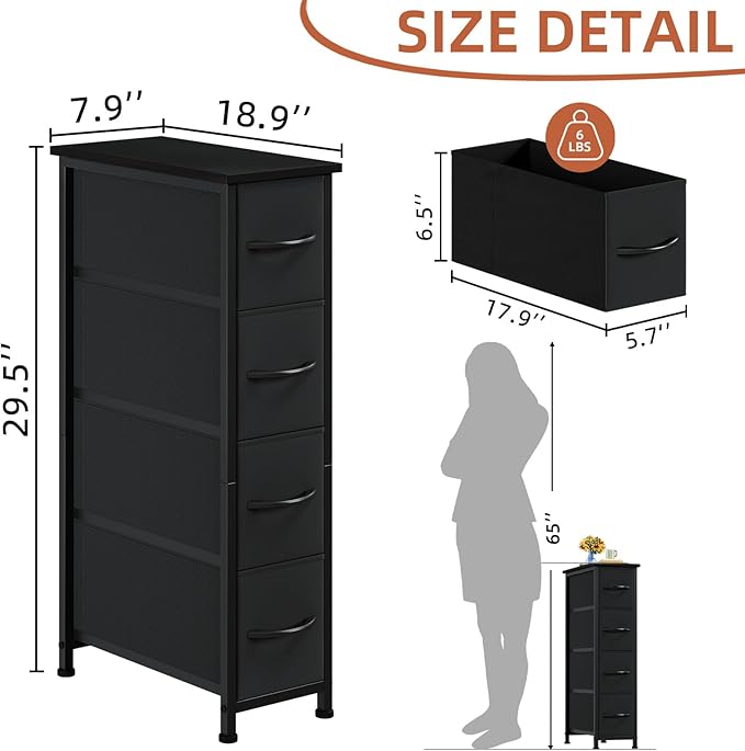 Somdot Narrow Dresser with 4 Drawers, Slim Storage Organizer Chest of Drawers with Removable Fabric Drawers for Small Spaces Bathroom Closet Bedroom Laundry, Black