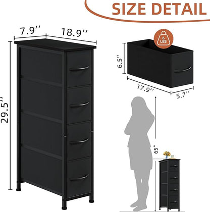 Somdot Narrow Dresser with 4 Drawers, Slim Storage Organizer Chest of Drawers with Removable Fabric Drawers for Small Spaces Bathroom Closet Bedroom Laundry, Black