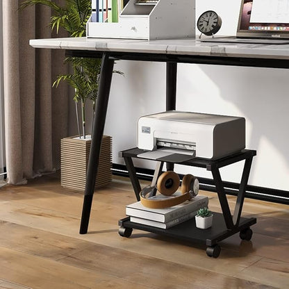 VEDECASA Retro Desktop Printer Stand 2 Double Tiers Wood Printer Shelf Modern Wood Storage Book Shelf Organizor for Home Office Stylish Sturdy V Shaped (Black)