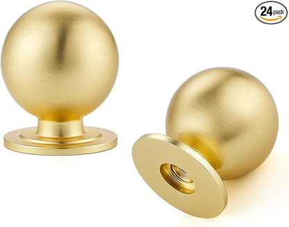 24 Pack Brushed Brass Cabinet Knobs, Round Dresser Knobs, Ball Kitchen Cabinet Hardware, 0.95" Diameter