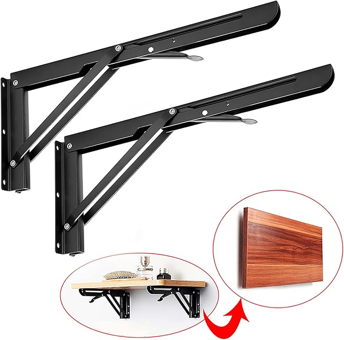 Sumnacon 2 Pcs 14 Inch Folding Shelf Brackets - Heavy Duty Metal Table Shelf Hinges, Wall Mounted Folding Shelf Support Brackets for Livingroom Kitchen Table Desk Bench Home DIY, Black