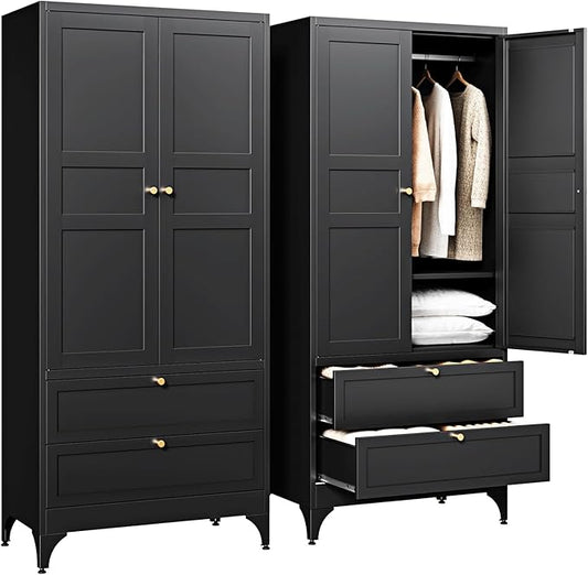 Letaya Metal Wardrobe Cabinets with 2 Drawers,71" Tall Armoire Wardrobe Closet with Doors and Shelves,Large Coat Closet Cabinet with Hanging Rod,Clothing Storage Cabinets for Bedroom,Home Office